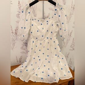 Lalavon The Eloise Dress with Puff Sleeves and Blue Floral Embroidery Size L